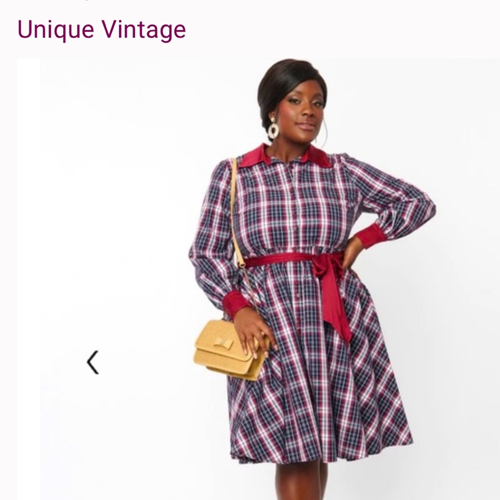Unique Vintage Navy & Burgundy Plaid Midi Shirtdress with Satiny Trim & Sash 5X